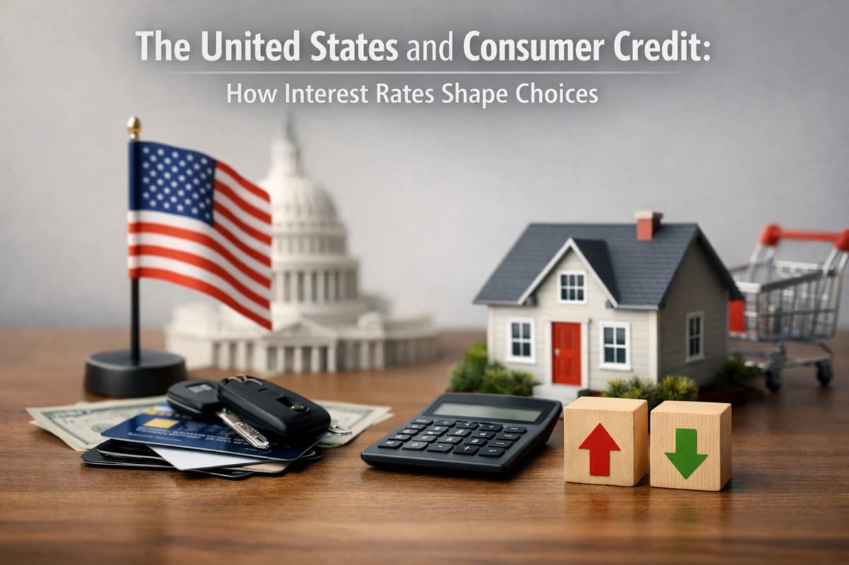 Consumer credit and personal finances in the United States illustrated by credit cards, cash, car keys, a calculator, a small house model, and blocks with upward and downward arrows on a desk, with the US Capitol and American flag in the background, representing how interest rates influence borrowing decisions and household finances.