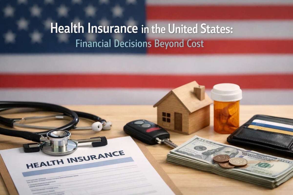 Health insurance document on a desk with a stethoscope, prescription bottle, house model, wallet, car key, and U.S. dollar bills in front of the American flag, representing healthcare coverage choices and long-term finances planning in the United States beyond cost considerations.