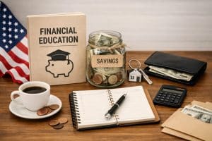 Financial Education concept in the United States featuring a book labeled “Financial Education,” a jar marked “Savings” filled with cash and coins, a notebook with pen, calculator, wallet with dollar bills, and a small house keychain on a wooden desk with an American flag in the background. The scene represents practical habits that strengthen your budget and improve personal finances through saving, tracking expenses, and responsible money management.