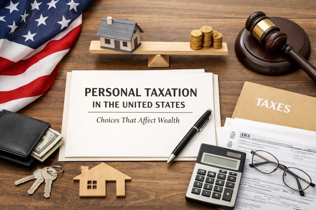 Flat lay composition illustrating personal finances in the United States, featuring a document titled “Personal Taxation in the United States,” a calculator, tax forms, a judge’s gavel, stacked coins, a small house model, and an American flag on a wooden desk, symbolizing how taxation choices and financial decisions impact personal finances and long-term wealth.