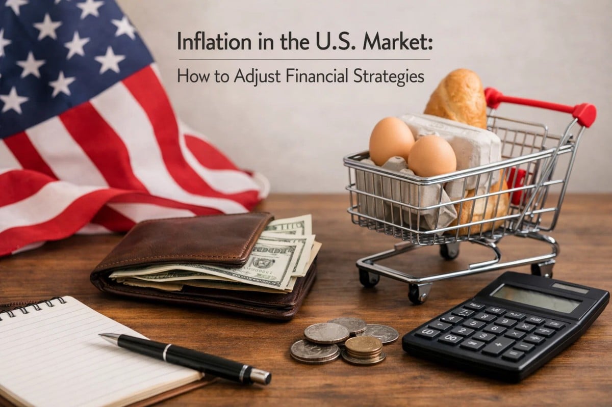 Still life representing personal finances in the United States, featuring a small shopping cart filled with basic groceries such as eggs and bread, a wallet with U.S. dollar bills, loose coins, a calculator, a notebook, and an American flag in the background, illustrating the impact of inflation on household finances and how consumers adjust their financial strategies.