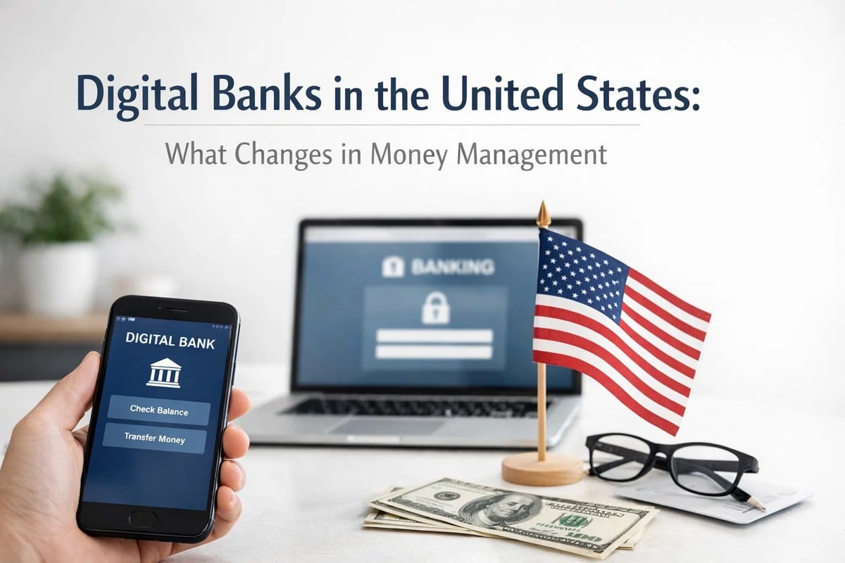 Digital banking and personal finances concept image showing a hand holding a smartphone with a digital bank app open, displaying options such as checking balance and transferring money. In the background, a laptop with a secure banking login screen, an American flag, US dollar bills, eyeglasses, and a desk setting highlight how digital banks are transforming money management and everyday finances in the United States.
