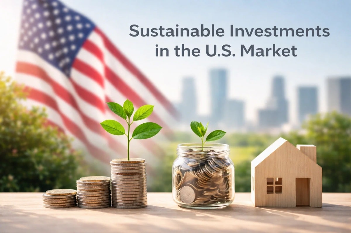 A conceptual image illustrating sustainable investments in the U.S. market. In the foreground, stacks of coins and a glass jar filled with coins support small green plants, symbolizing growth and responsible finances. A small wooden house represents real estate investment, while the American flag and a blurred city skyline appear in the background, reinforcing the U.S. context. The composition conveys how sustainable finances and environmentally conscious investment strategies are shaping long-term economic growth in the United States.